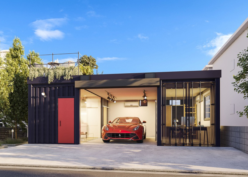 Modern black garage with a red sports car parked inside, glass wall showing a workspace to the right.
