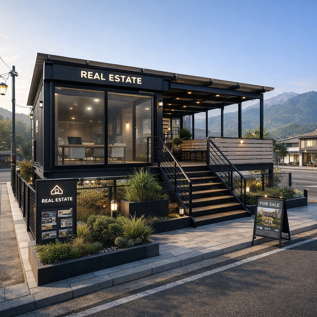 Modern real estate office with glass walls, dark metal framing, and a stairway to a covered entrance set against a mountain backdrop.