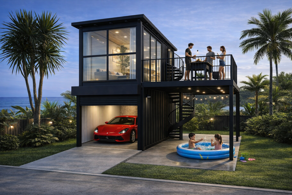Two-story black modular home by the coast with a glass front, open garage housing a red sports car, and a rooftop deck where friends grill and chat.