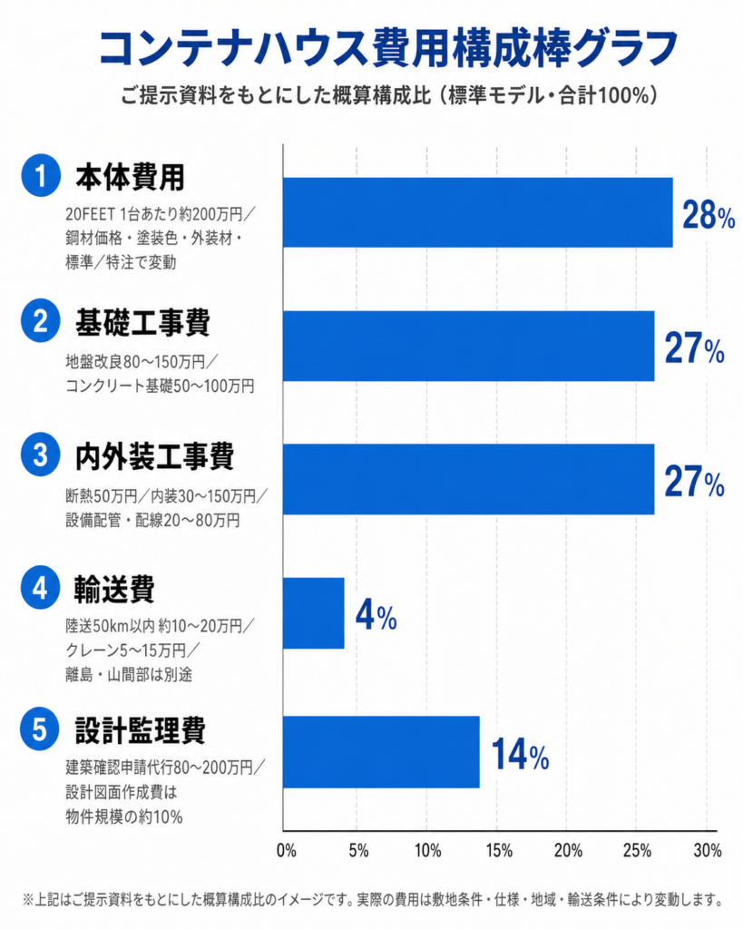 Bar chart titled 'Container house cost composition' showing cost shares: 1) Main body 28%, 2) Foundation work 27%, 3) Internal/external works 27%, 4) Transportation 4%, 5) Design and supervision 14%.