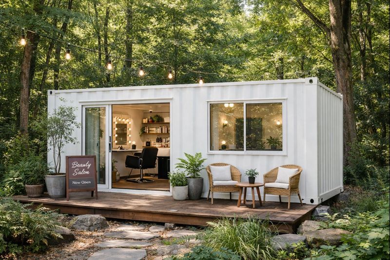 森の中の白いレイダウン美容室外観（20FEET・デッキ付）