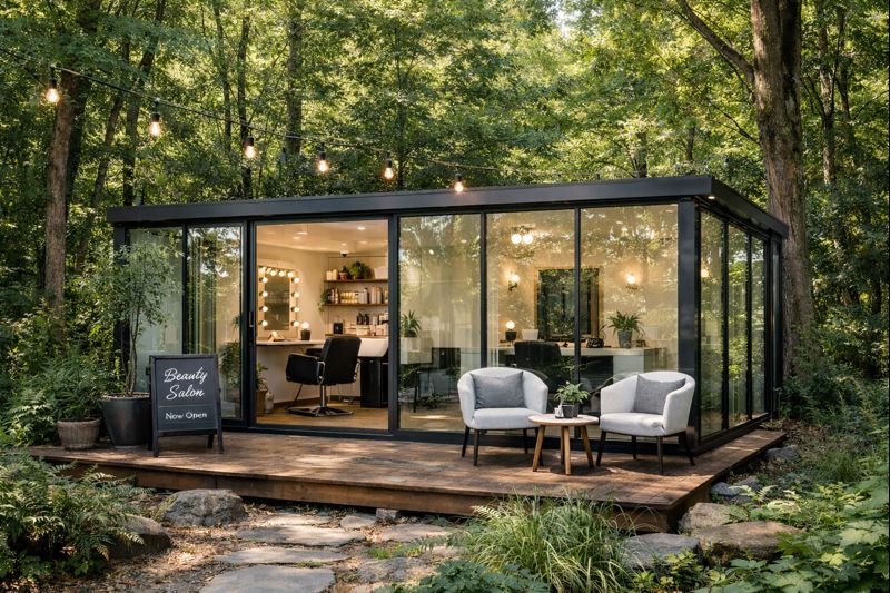 森の中のガラス張りレイダウン美容室外観（20FEET・デッキ付）