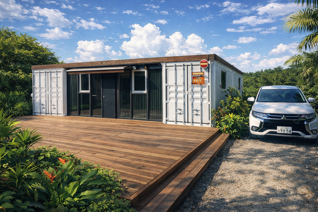 コンテナハウスとセルフビルドのデッキ