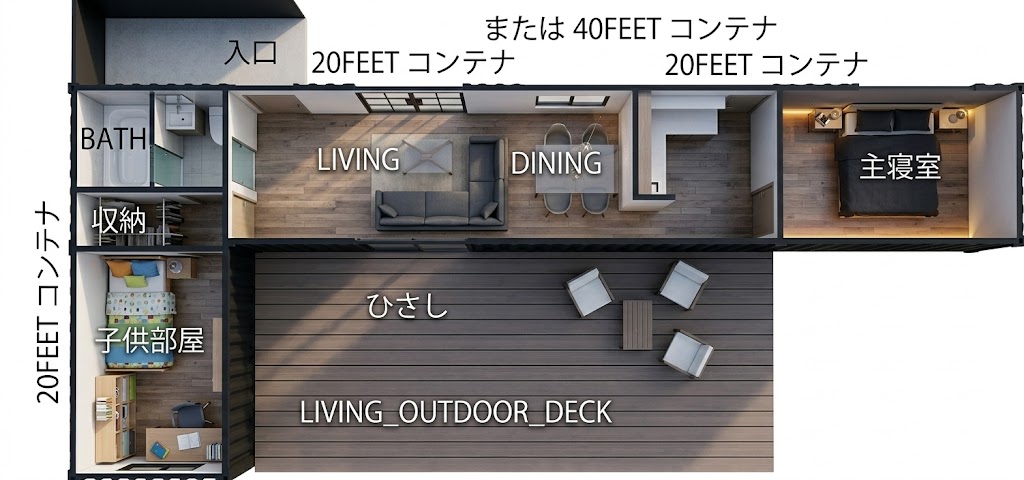 20FEETを3本使った2LDLの例