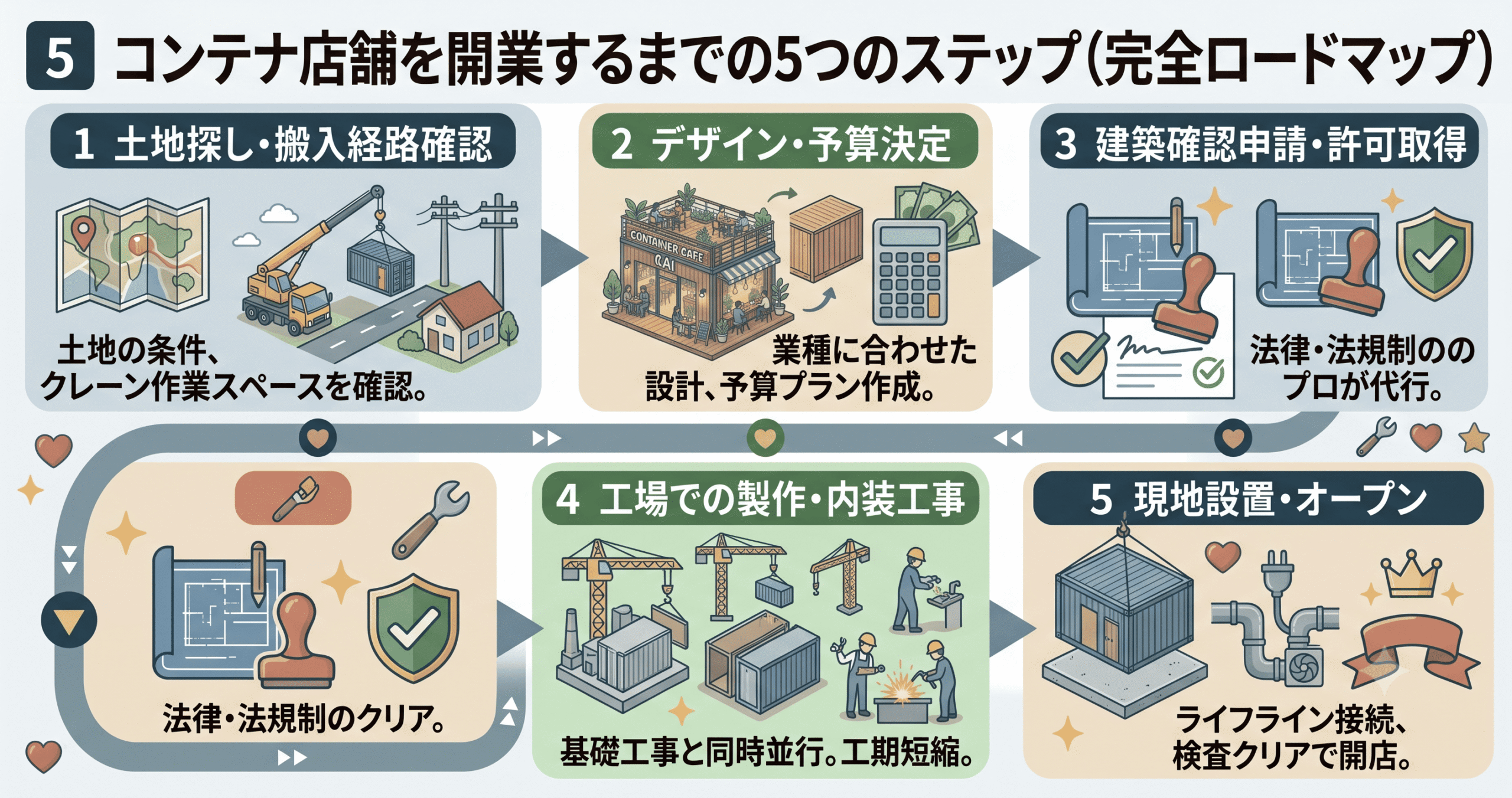 コンテナ店舗を開業すまでのロードマップの図解
