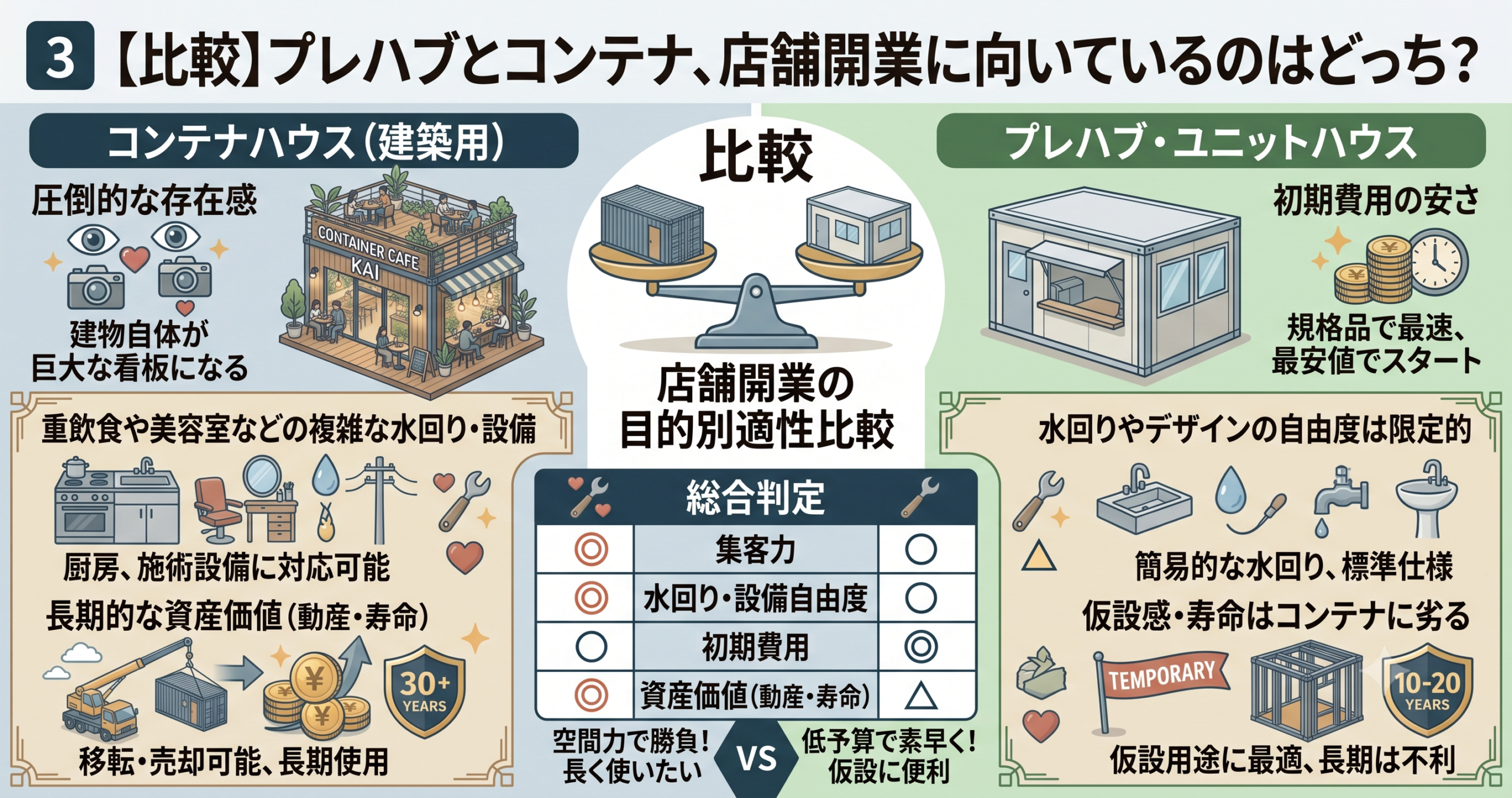 コンテナハウスとプレハブどっちが店舗開業に向いているかの図解